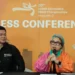 Indonesian Gymnastics Federation president Ita Yuliati (R) and Indonesian Olympic Committee president Raja Sapta Oktohari attend a press conference ahead of the 53rd Artistic Gymnastics World Championships at Indonesia Arena in Jakarta on October 10, 2025. — AFP