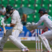 Pakistan's Imam-ul-Haq, left, plays a shot during the first day of of first test cricket match between Pakistan and South Africa, in Lahore, Pakistan, Sunday, Oct. 12, 2025. (AP)