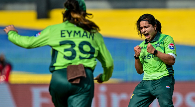 Pakistan's captain Fatima Sana celebrates after taking the wicket of Australia's Phoebe Litchfield during the ICC Women's Cricket World Cup 2025 match between Australia and Pakistan. Photograph: Ishara S Kodikara/AFP/Getty Images