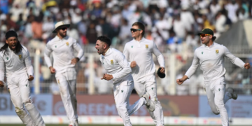 That's the Test - Keshav Maharaj leads the celebrations•Nov 16, 2025•Getty Images