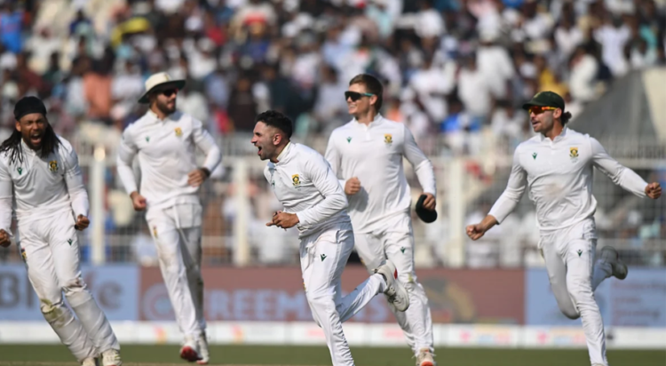 That's the Test - Keshav Maharaj leads the celebrations•Nov 16, 2025•Getty Images