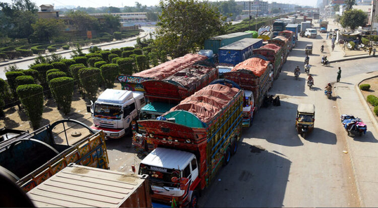 Trucks wait on a highway in Karachi, Pakistan, on November 26, 2017. (AFP/File)