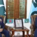 Bangladesh Air Force Air Chief Marshal Marshal Hasan Mahmood Khan (left) calls on Pakistan Air Force Air Chief Marshal Zaheer Ahmed Baber Sidhu in Islamabad on January 6. — Photo courtesy ISPR