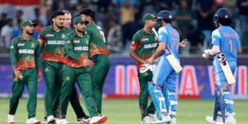 CC Men’s Champions Trophy - Group A - Bangladesh v India - Dubai International Stadium, Dubai, United Arab Emirates - February 20, 2025 India’s Shubman Gill and KL Rahul shakes hands with Bangladesh players after winning the match. — Reuters/File