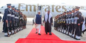 UAE President Sheikh Mohamed bin Zayed Al Nahyan walks with India's Prime Minister Narendra Modi upon his arrival at the airport in New Delhi, India, January 19, 2026. — Reuters
