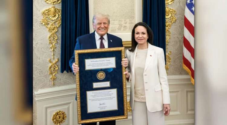 President Donald Trump meets with María Corina Machado in the Oval Office, where she presented him with her Nobel Peace Prize, on January 15, 2026. White House