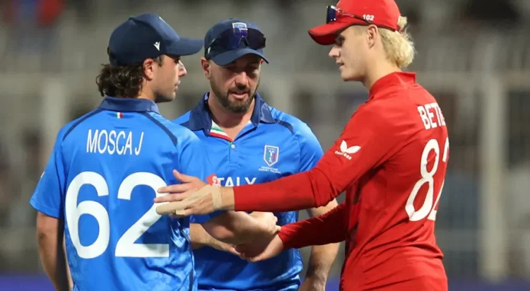 England's Jacob Bethell shakes hands with Italy's Justin Mosca after the match. Photograph: Sahiba Chawdhary/Reuters