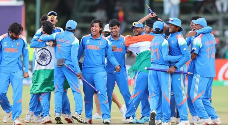 India celebrates its win after beating England in the Under-19 men's World Cup final, Harare, February 6, 2026 (ICC/Getty Images)