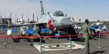 The Pakistan-China jointly-built multirole aircraft stood among an array of combat jets showcased by the United States, Saudi Arabia and several other nations. (Screengrab)