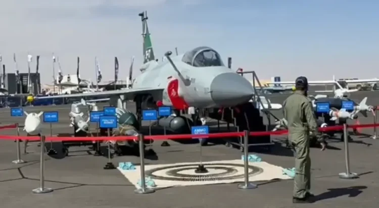 The Pakistan-China jointly-built multirole aircraft stood among an array of combat jets showcased by the United States, Saudi Arabia and several other nations. (Screengrab)