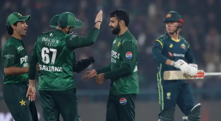 Pakistan players celebrate the dismissal the Australia’s Sean Abbott during the second T20 international in Lahore. Photograph: Rahat Dar/EPA