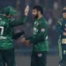 Pakistan players celebrate the dismissal the Australia’s Sean Abbott during the second T20 international in Lahore. Photograph: Rahat Dar/EPA