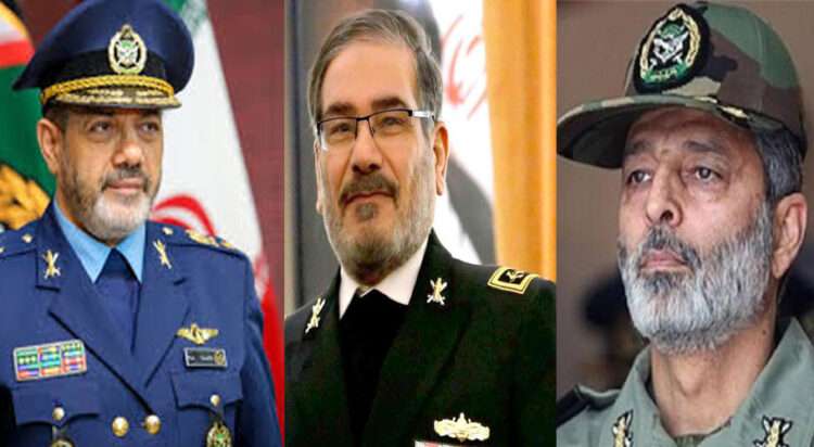 Defense Minister Gen. Aziz Nasirzadeh (L), Senior adviser Ali Shamkhani (C) and Army Chief Gen. Abdol Rahim Mousavi (L) were killed in US-Israeli strikes on Saturday.