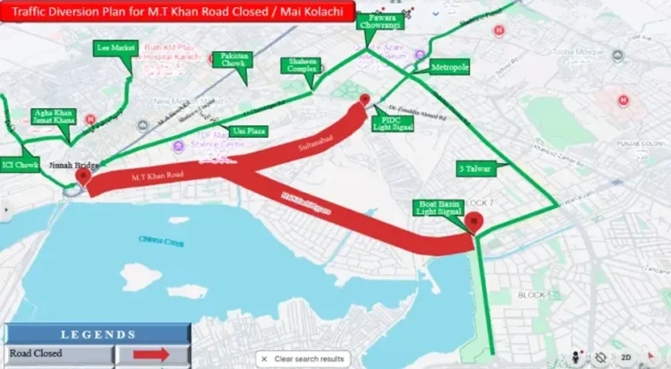Karachi Traffic police issues map showing road closures and alternative traffic routes in Karachi.