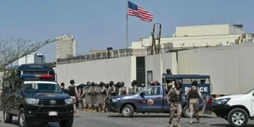 Security personnel stand guard outside the US consulate in Karachi on March 1, 2026. — AFP/File
