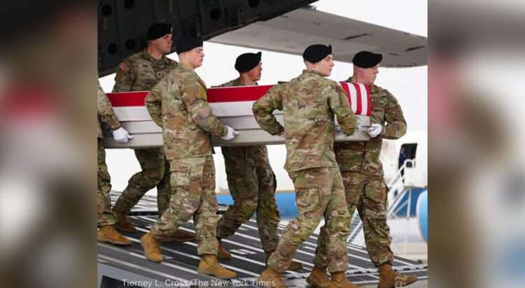 The bodies of the first six American soldiers killed in the U.S.-Israeli war on Iran arrived at Dover Air Force Base in Delaware on Saturday.
(Doug Mills/The New York Times)