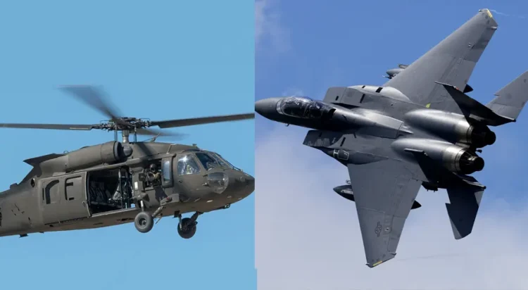 This file photo shows a F-15E Strike Eagle and UH-60 Black Hawk helicopter.