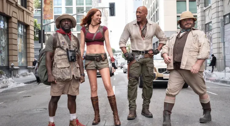 Kevin Hart (left), Karen Gillan, Dwayne Johnson and Jack Black star in 'Jumanji 3.' Hiram Garcia/Sony Pictures