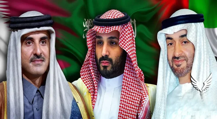 Saudi Crown Prince Mohammed bin Salman, the Emir of Qatar Sheikh Tamim bin Hamad Al Thani and President of the United Arab Emirates Sheikh Mohamed bin Zayed Al Nahyan (Credit: gulfif.org)