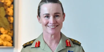 Newly appointed Chief of Army Lieutenant General Susan Coyle poses for photographers after a press conference at Parliament House in Canberra, Australia on April 13, 2026. — AAP Image via Reuters