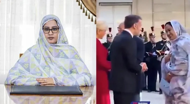 During the official reception, Mauritania first lady Mariem Mint Dah politely refrained from physical contact while greeting the French president in a respectful and traditional manner.