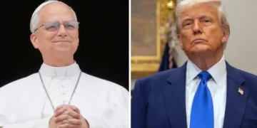 Pope Leo XIV is shown at the central balcony of St. Peter's Basilica at the Vatican, May 11, 2025, and President Trump is shown during an event in the Roosevelt Room at the White House, May 12, 2025, in Washington. Uncredited/Associated Press