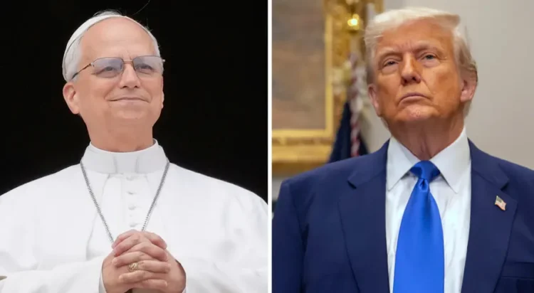 Pope Leo XIV is shown at the central balcony of St. Peter's Basilica at the Vatican, May 11, 2025, and President Trump is shown during an event in the Roosevelt Room at the White House, May 12, 2025, in Washington. Uncredited/Associated Press