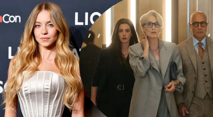 This combo of images shows Sydney Sweeney and a still from The Devil Wears Prada 2 (Credit: Alberto E. Rodriguez/Getty - 20th Century Studios)
