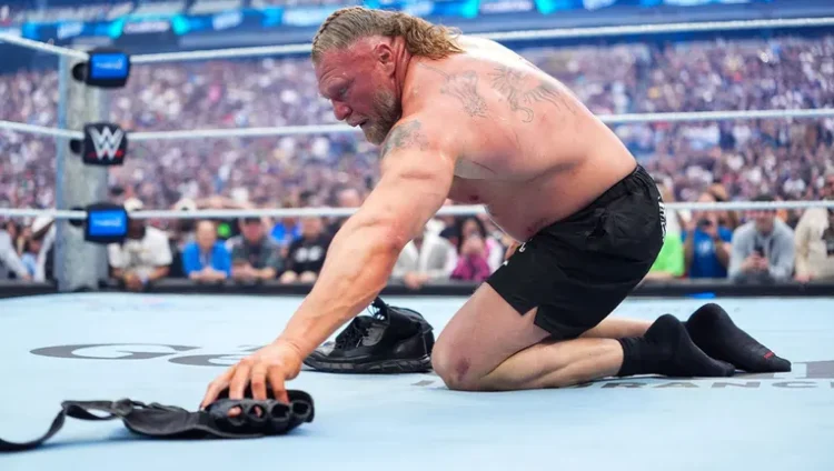 Brock Lesnar takes off his gloves during WrestleMania 42 on April 19, 2026 in Las Vegas, Nevada. (Photo by Rich Freeda/WWE via Getty Images) (Getty Images)